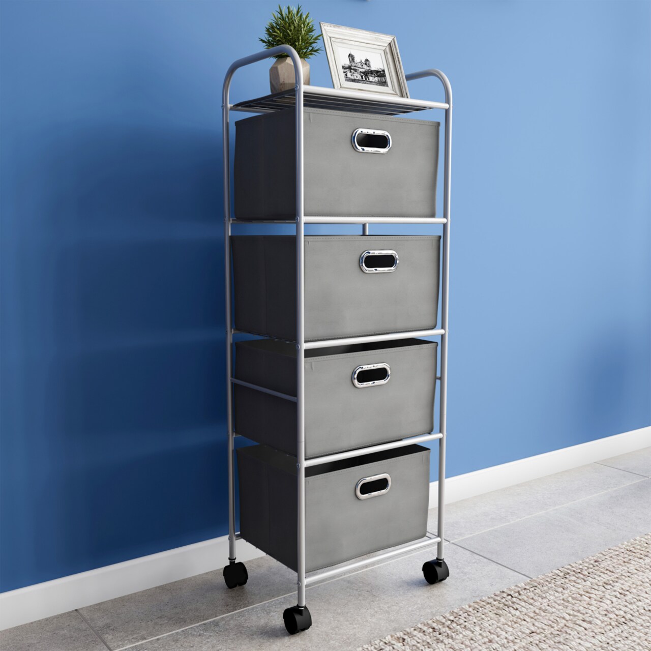 4 Drawer Rolling Storage Cart On Wheels Portable Metal Storage Organizer With Fabric Bins